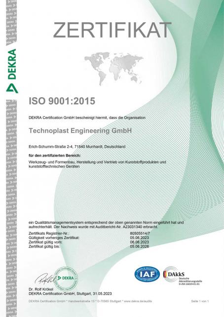 ISO 9001:2015 Zertifikat Technoplast